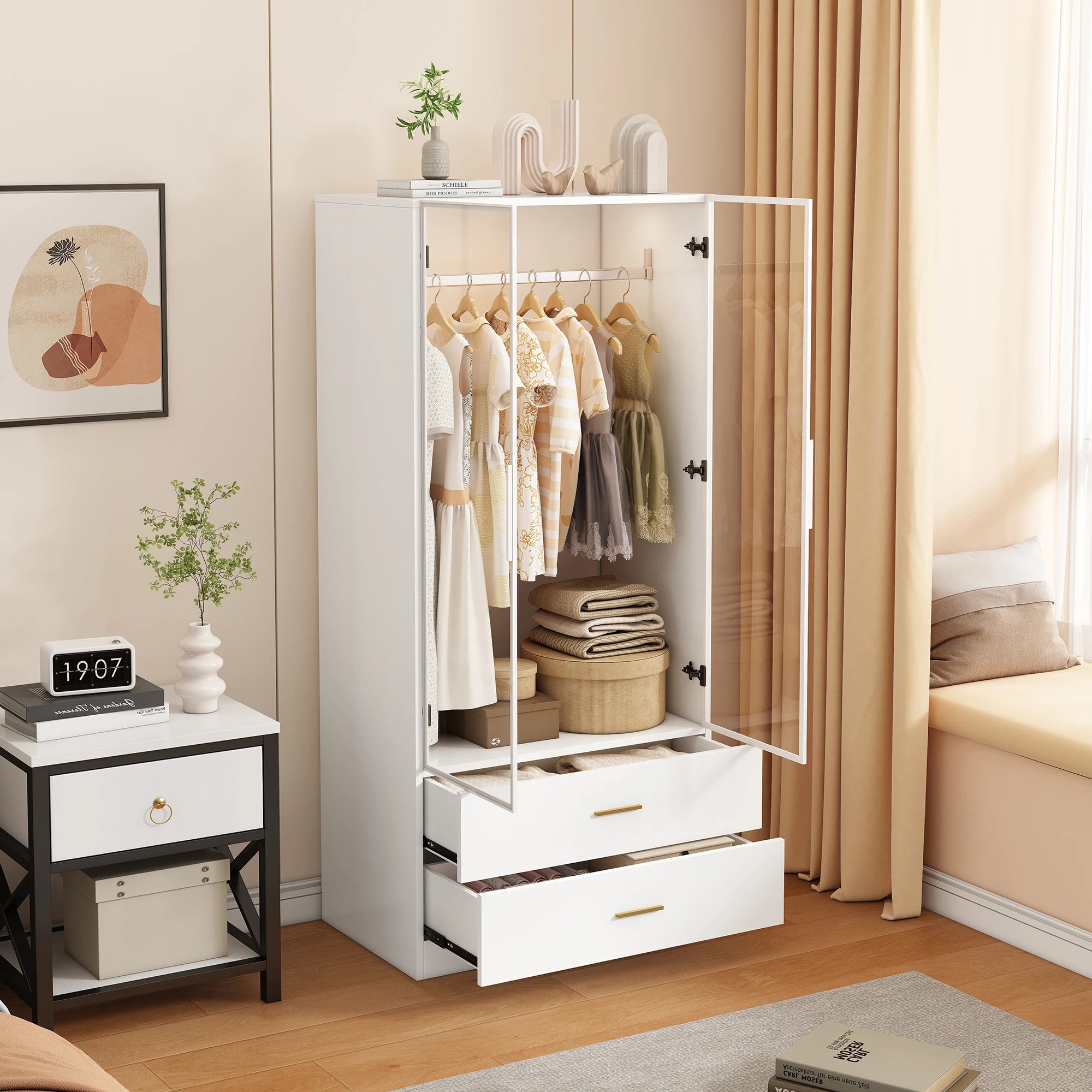 Roupeiro Moderno Branco com Vidro Temperado e Iluminação LED – Armário Funcional para Quarto ou Hall