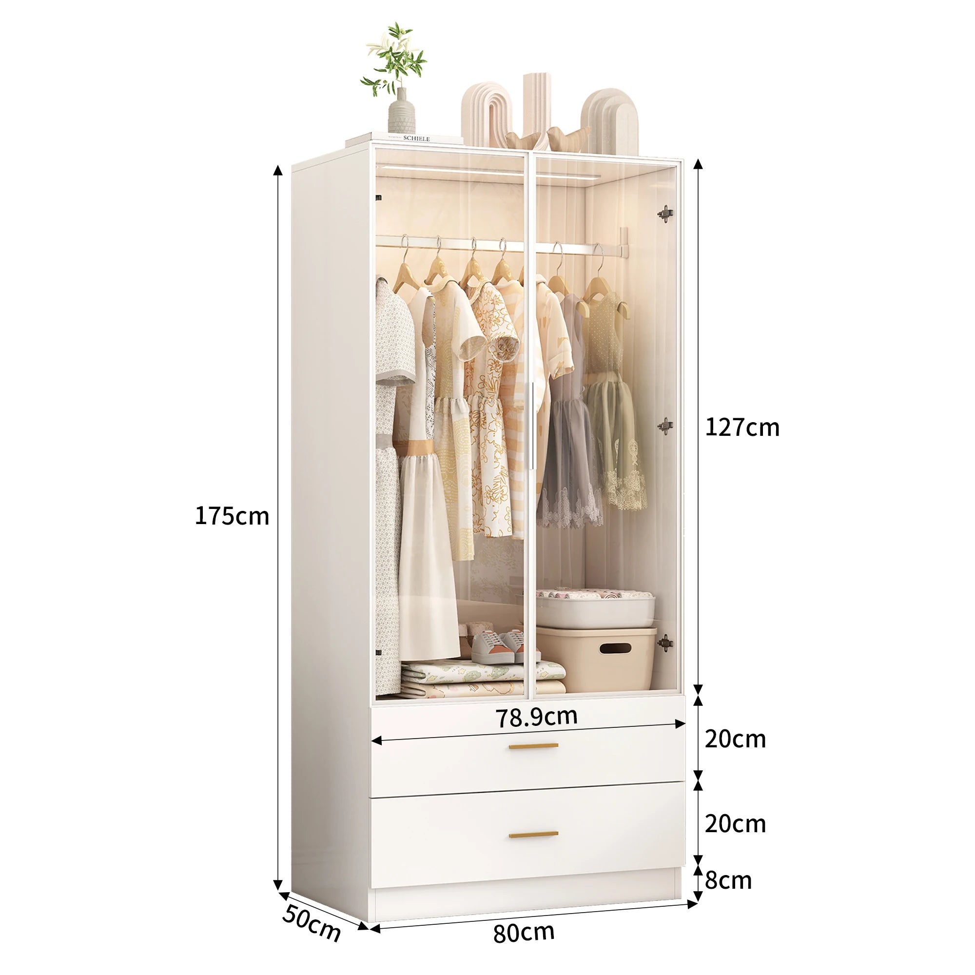 Roupeiro Moderno Branco com Vidro Temperado e Iluminação LED – Armário Funcional para Quarto ou Hall