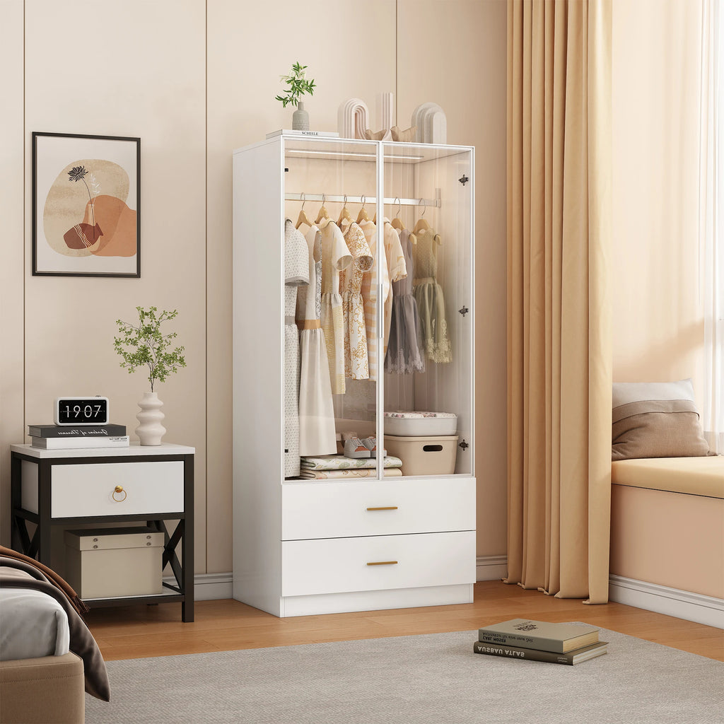Roupeiro Moderno Branco com Vidro Temperado e Iluminação LED – Armário Funcional para Quarto ou Hall