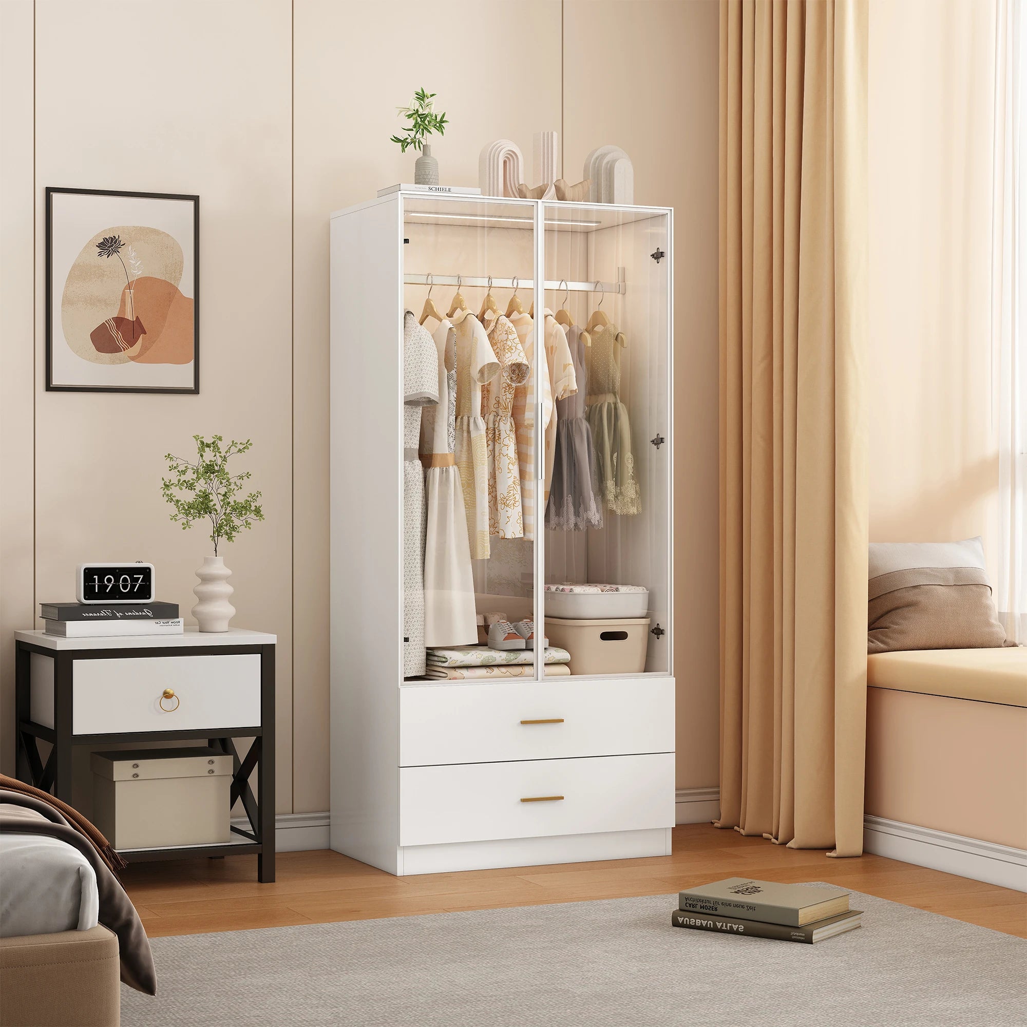 Roupeiro Moderno Branco com Vidro Temperado e Iluminação LED – Armário Funcional para Quarto ou Hall