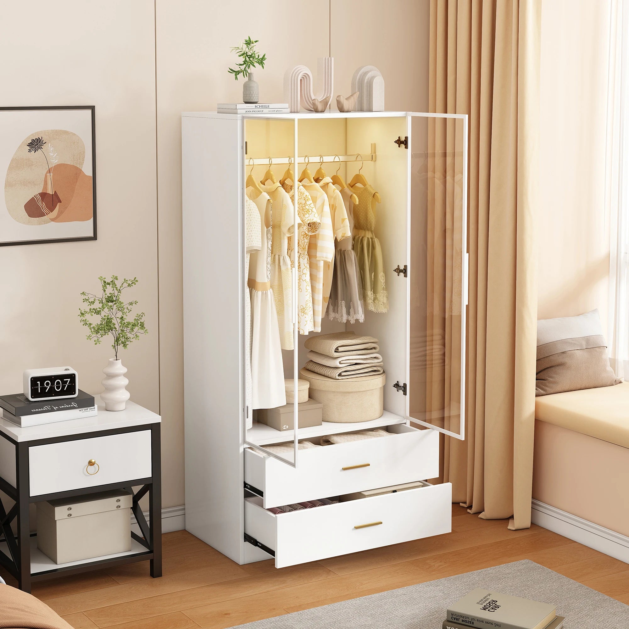 Roupeiro Moderno Branco com Vidro Temperado e Iluminação LED – Armário Funcional para Quarto ou Hall