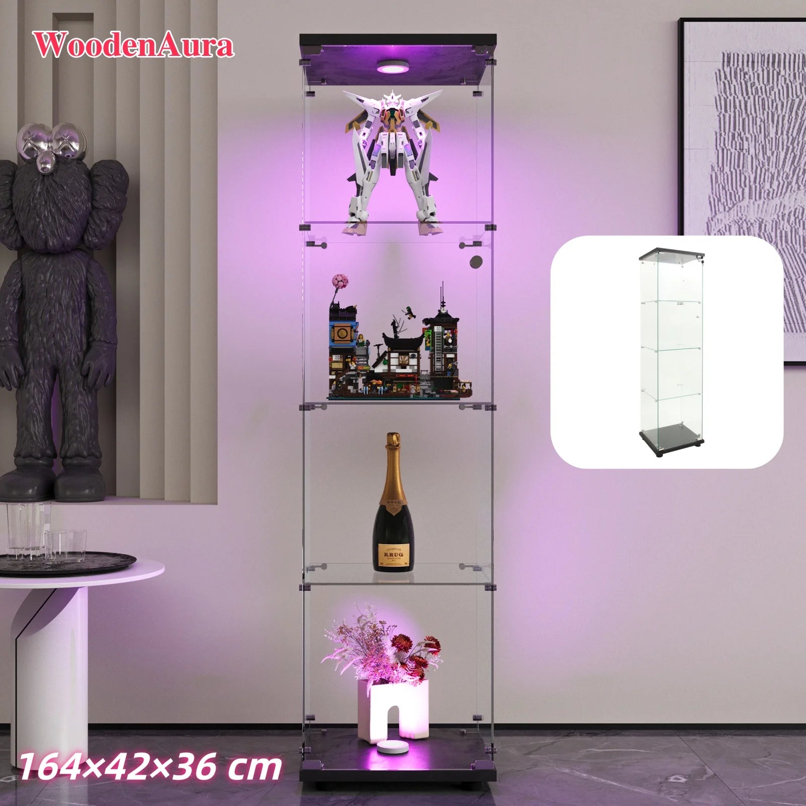 Vitrine de Vidro Moderna com Iluminação LED – 164×42×36 cm, 4 Prateleiras com Porta e Fecho