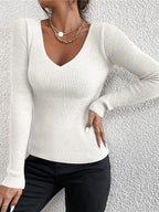 Camisola Canelada com Decote em V para Mulher – Malha Slim Elegante