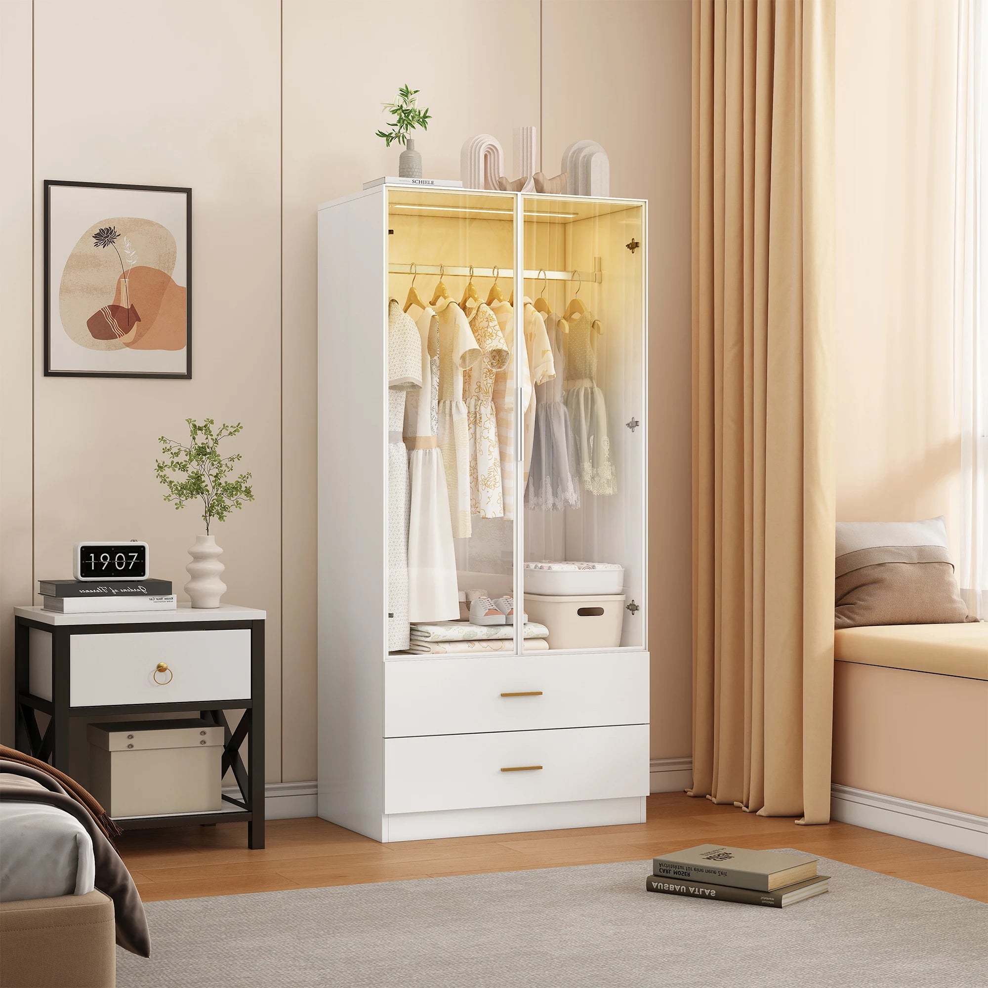 Roupeiro Moderno Branco com Vidro Temperado e Iluminação LED – Armário Funcional para Quarto ou Hall