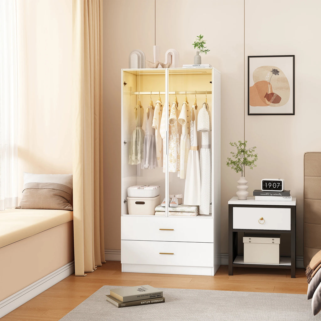 Roupeiro Moderno Branco com Vidro Temperado e Iluminação LED – Armário Funcional para Quarto ou Hall