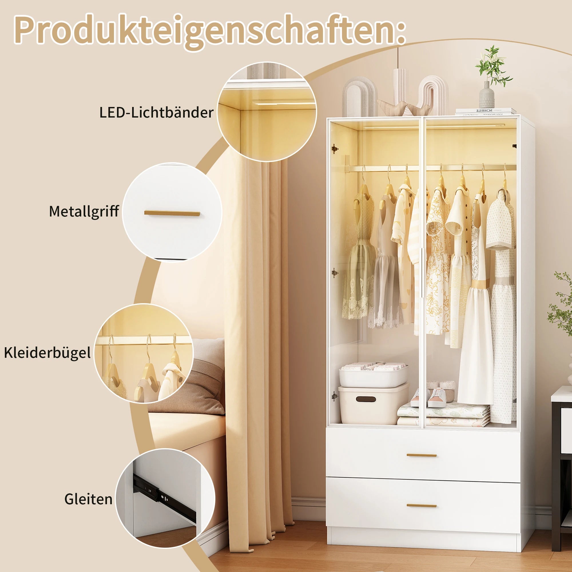 Roupeiro Moderno Branco com Vidro Temperado e Iluminação LED – Armário Funcional para Quarto ou Hall