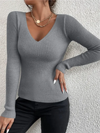 Camisola Canelada com Decote em V para Mulher – Malha Slim Elegante