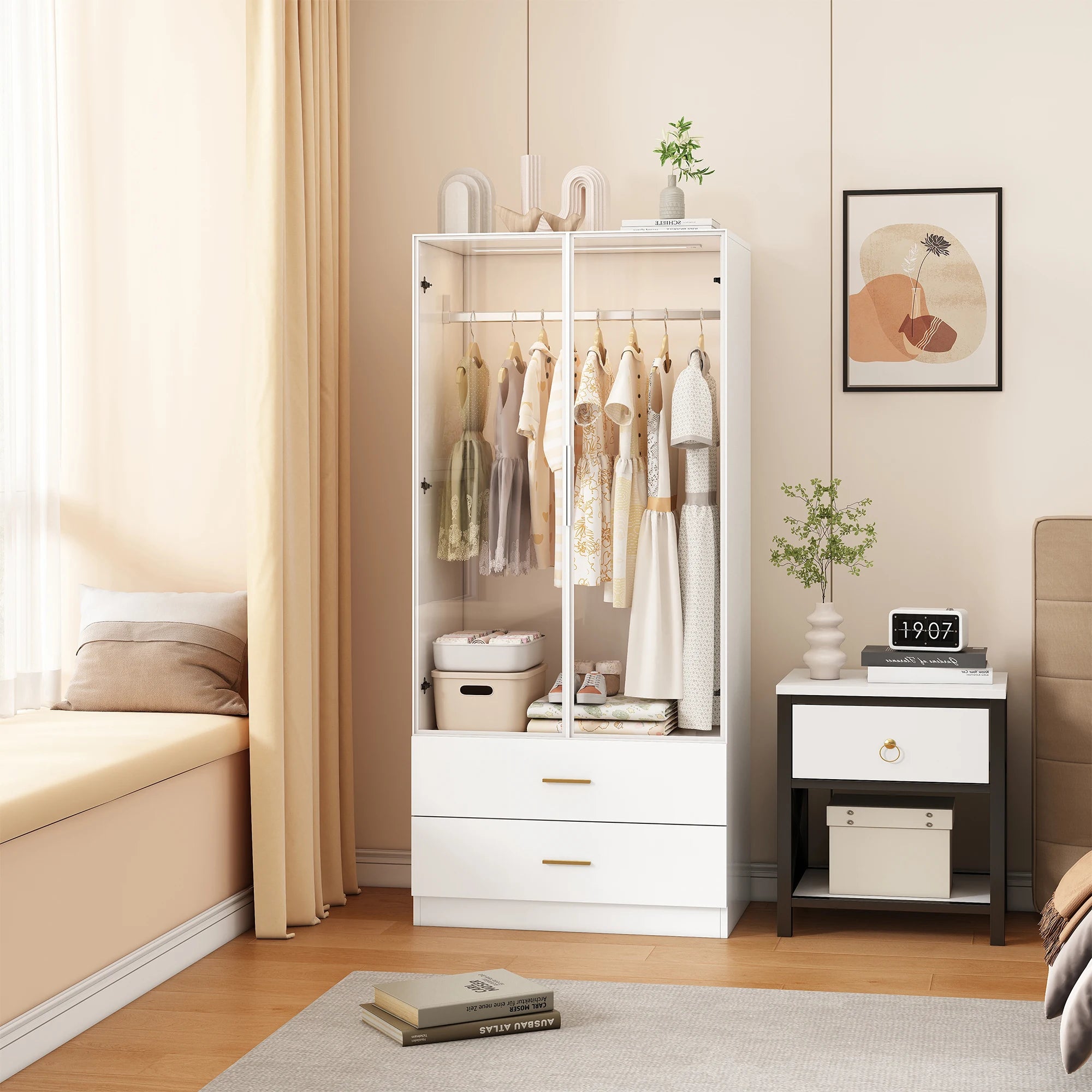 Roupeiro Moderno Branco com Vidro Temperado e Iluminação LED – Armário Funcional para Quarto ou Hall