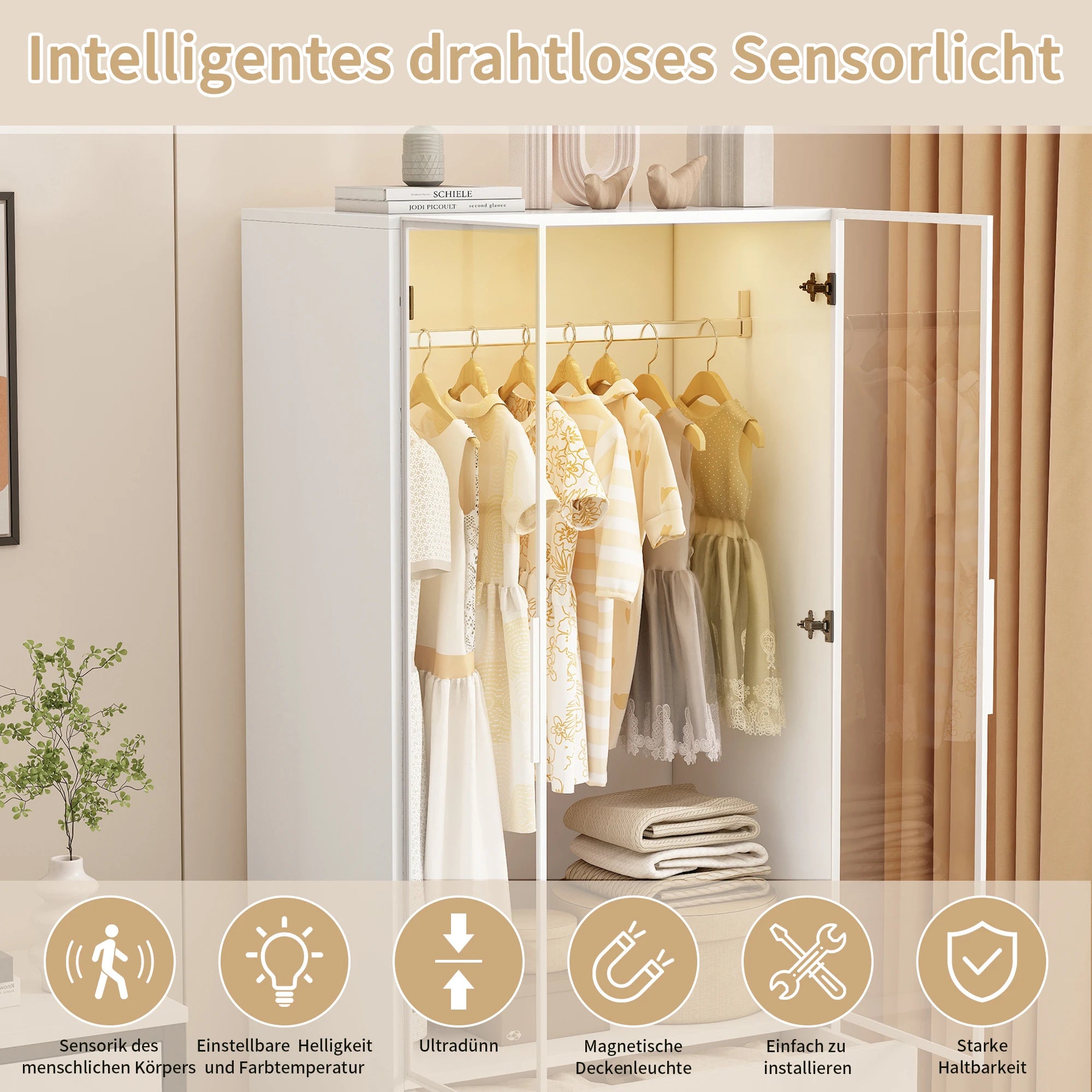 Roupeiro Moderno Branco com Vidro Temperado e Iluminação LED – Armário Funcional para Quarto ou Hall