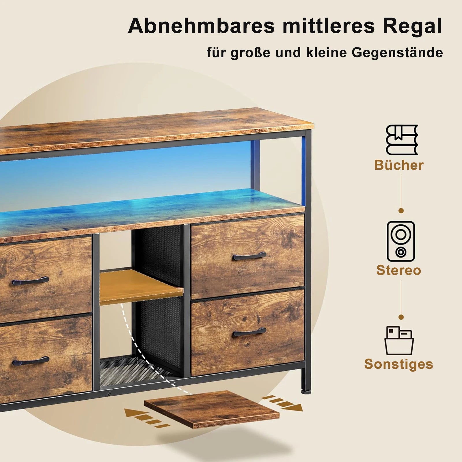 TV cabinet, storage cabinet with LED lighting, chests of drawers and sideboards, retro-style cabinet for the living room