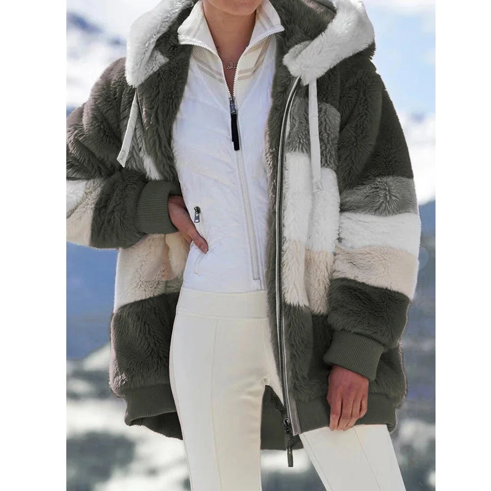 Casaco Oversized de Inverno para Mulher com Capuz | Casaco Peluche Quente e Confortável