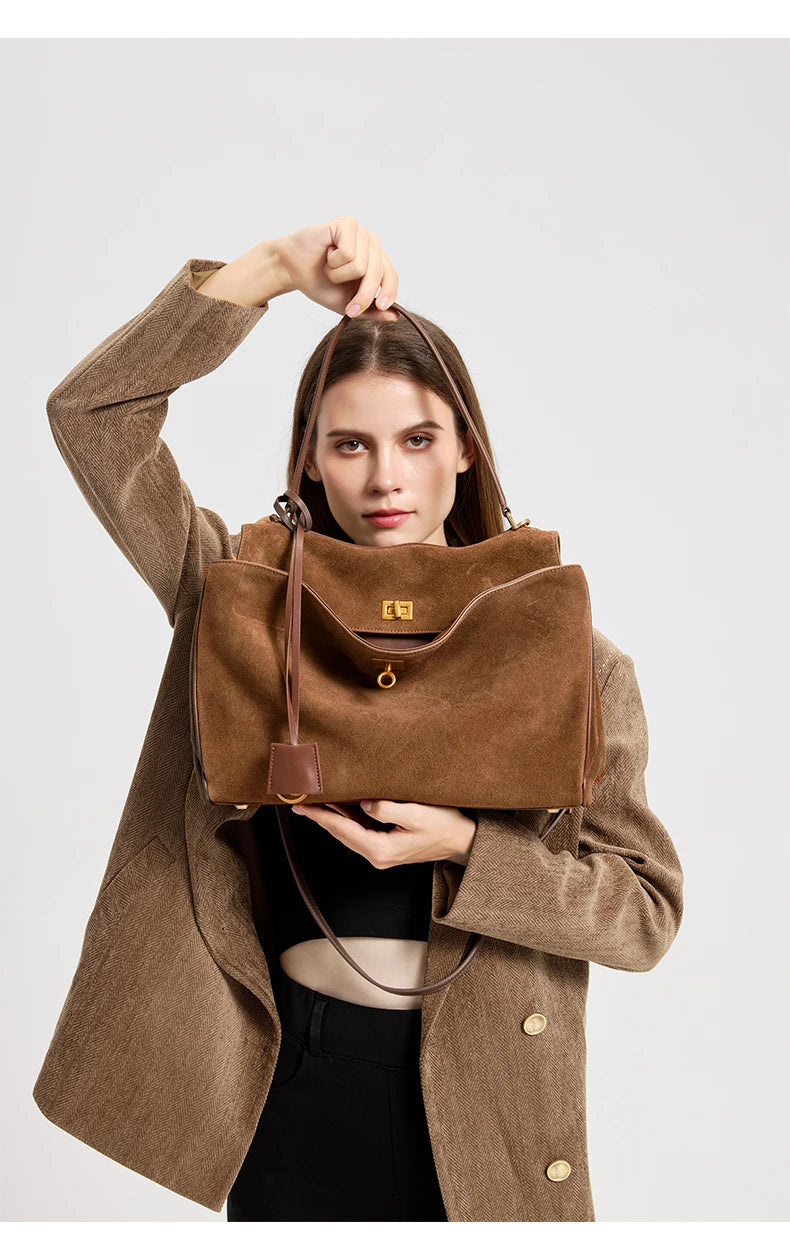 Mala Feminina em Camurça e Couro Genuíno – Tote de Luxo Outono/Inverno