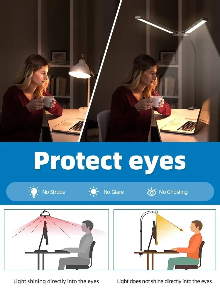 Candeeiro de Secretária LED com Dupla Cabeça e Pinça – Dimerizável, Ideal para Monitor, Escritório e Leitura