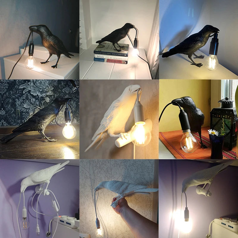 Aplique de Parede Decorativo em Resina “Lucky Bird” – Candeeiro LED Artístico com Corvo para Quarto e Sala (Lâmpada Incluída)