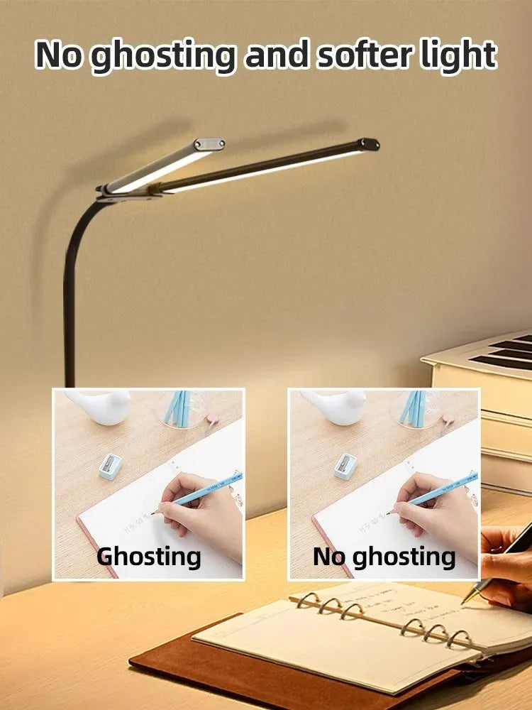 Candeeiro de Secretária LED com Dupla Cabeça e Pinça – Dimerizável, Ideal para Monitor, Escritório e Leitura
