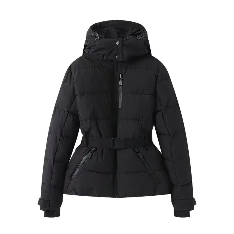 Casaco Acolchoado de Inverno para Mulher com Capuz e Cinto – Estilo Geométrico
