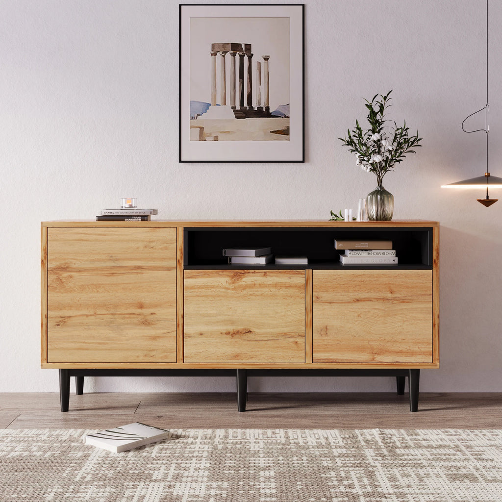 Aparador Moderno em Madeira com 3 Portas e Prateleiras – Robusto, Compacto e Fácil de Montar (160×35×76 cm)