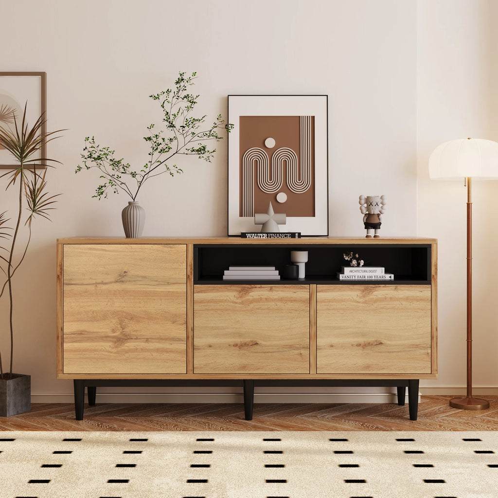 Aparador Moderno em Madeira com 3 Portas e Prateleiras – Robusto, Compacto e Fácil de Montar (160×35×76 cm)