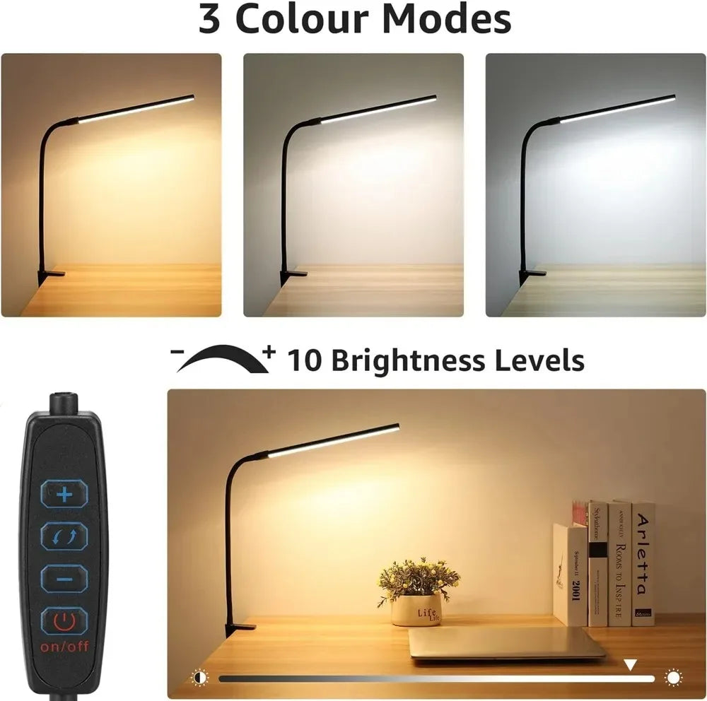 Candeeiro de Secretária LED com Dupla Cabeça e Pinça – Dimerizável, Ideal para Monitor, Escritório e Leitura
