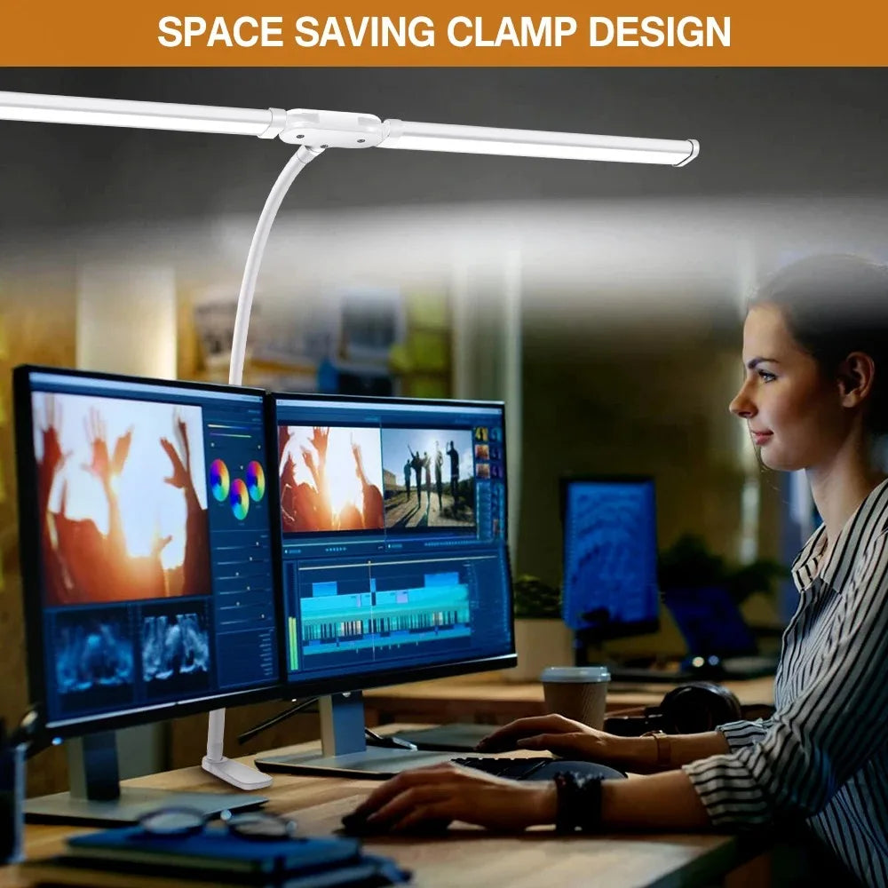 Candeeiro de Secretária LED com Dupla Cabeça e Pinça – Dimerizável, Ideal para Monitor, Escritório e Leitura