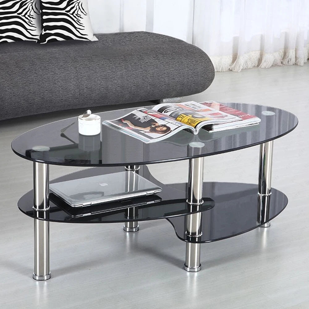 Glass coffee table, glass table 3 levels, oval living room table, coffee table sofa table for living room & office, 90x50x45cm