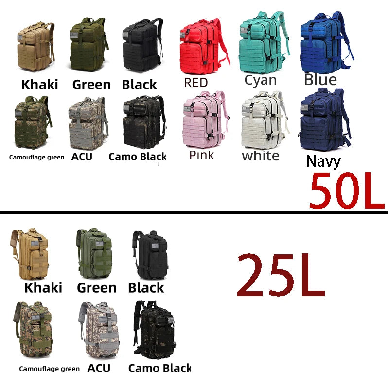 Mochila Tática 25L/50L – Nylon Impermeável para Caminhadas, Viagens e Aventura