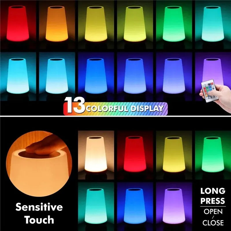 Candeeiro Noturno LED RGB 13 Cores com Comando e Touch – Recarregável USB com Temporizador