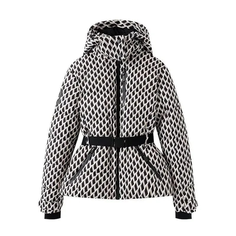 Casaco Acolchoado de Inverno para Mulher com Capuz e Cinto – Estilo Geométrico