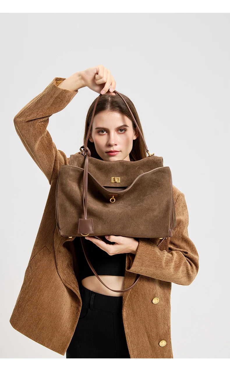 Mala Feminina em Camurça e Couro Genuíno – Tote de Luxo Outono/Inverno
