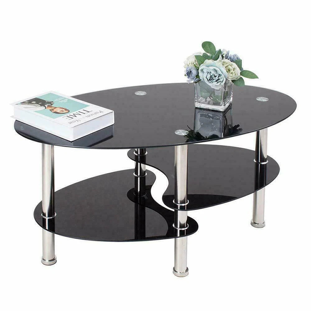Glass coffee table, glass table 3 levels, oval living room table, coffee table sofa table for living room & office, 90x50x45cm