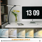 Candeeiro de Secretária LED com Dupla Cabeça e Pinça – Dimerizável, Ideal para Monitor, Escritório e Leitura