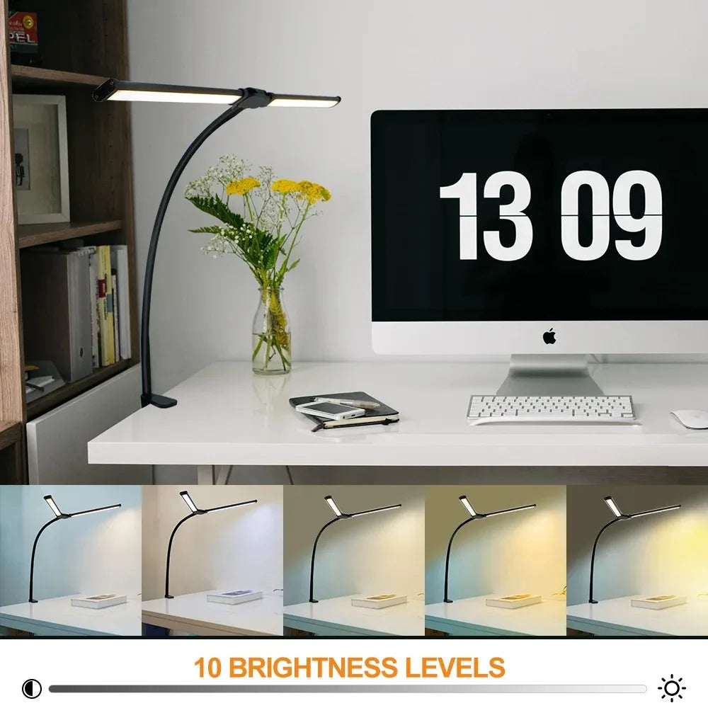 Candeeiro de Secretária LED com Dupla Cabeça e Pinça – Dimerizável, Ideal para Monitor, Escritório e Leitura