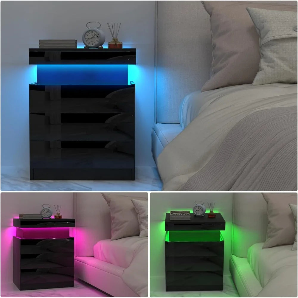 Mesa de Cabeceira SmartGlow™ com LED, Carregamento Integrado e 3 Gavetas