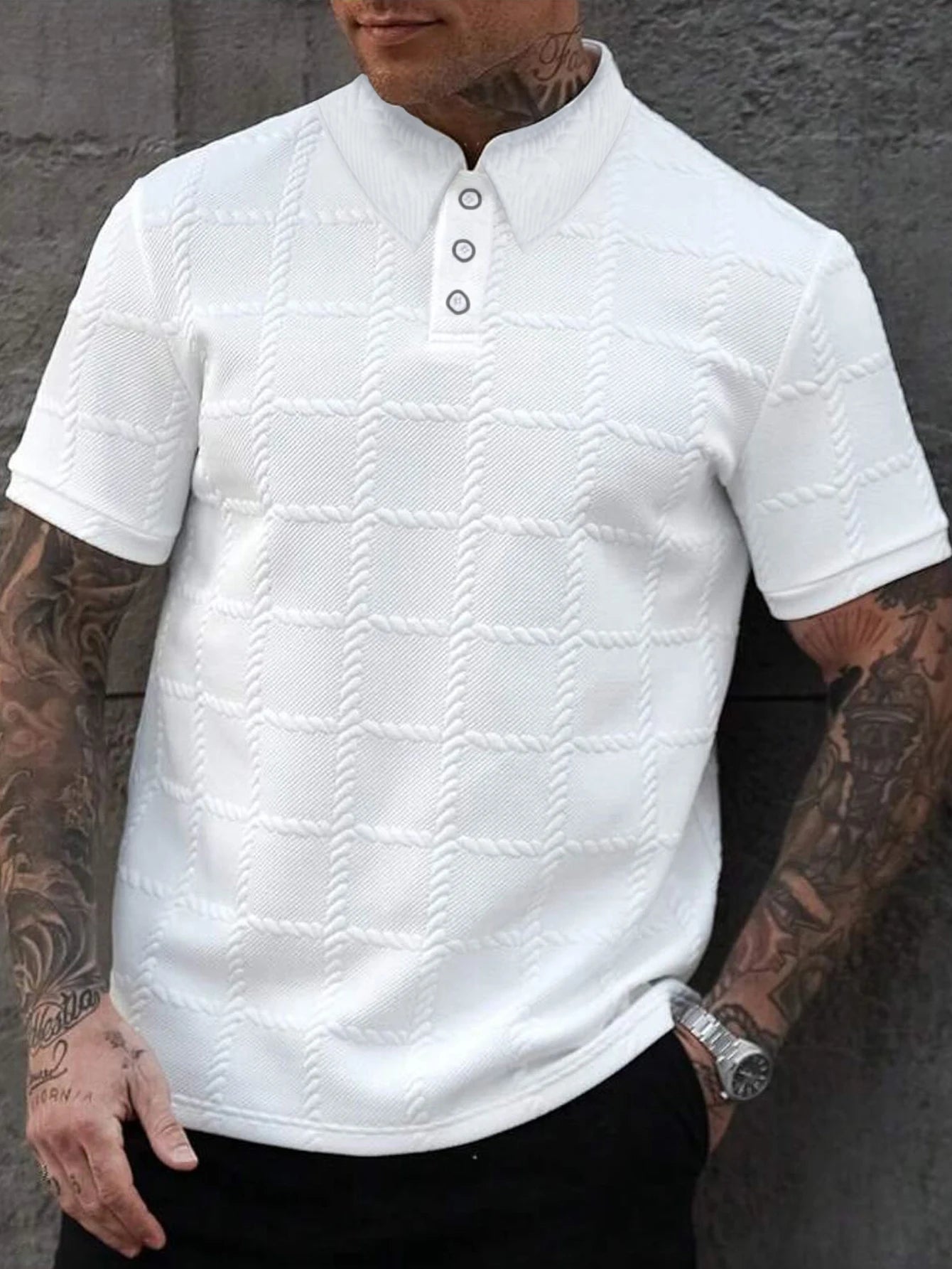 Polo Masculino de Verão em Jacquard com Padrão Xadrez Texturizado – Estilo Casual Elegante