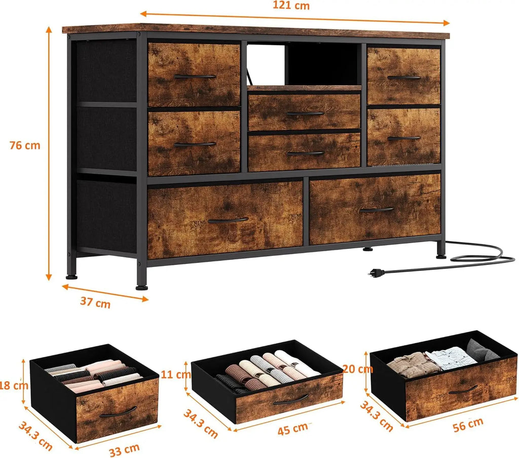 Cómoda Vintage com 8 Gavetas, LED RGB e Tomadas Integradas