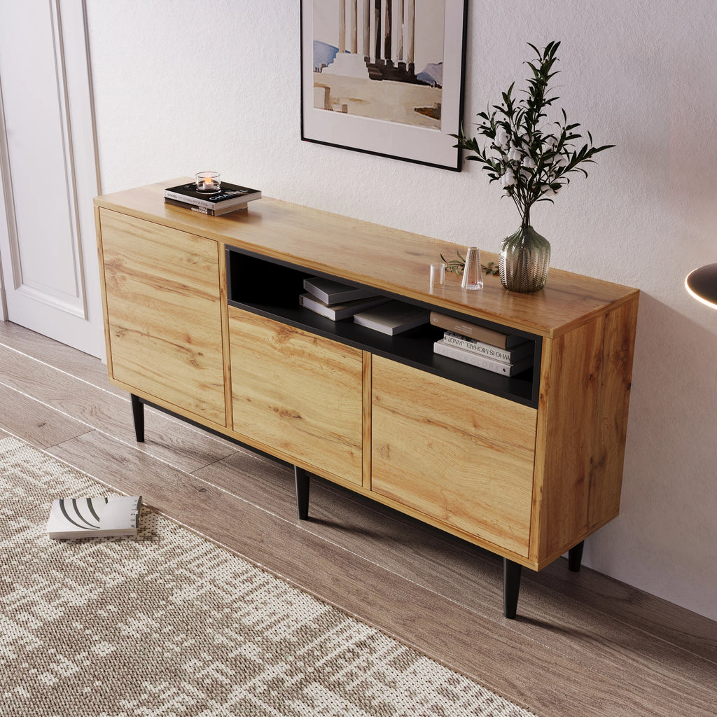 Aparador Moderno em Madeira com 3 Portas e Prateleiras – Robusto, Compacto e Fácil de Montar (160×35×76 cm)