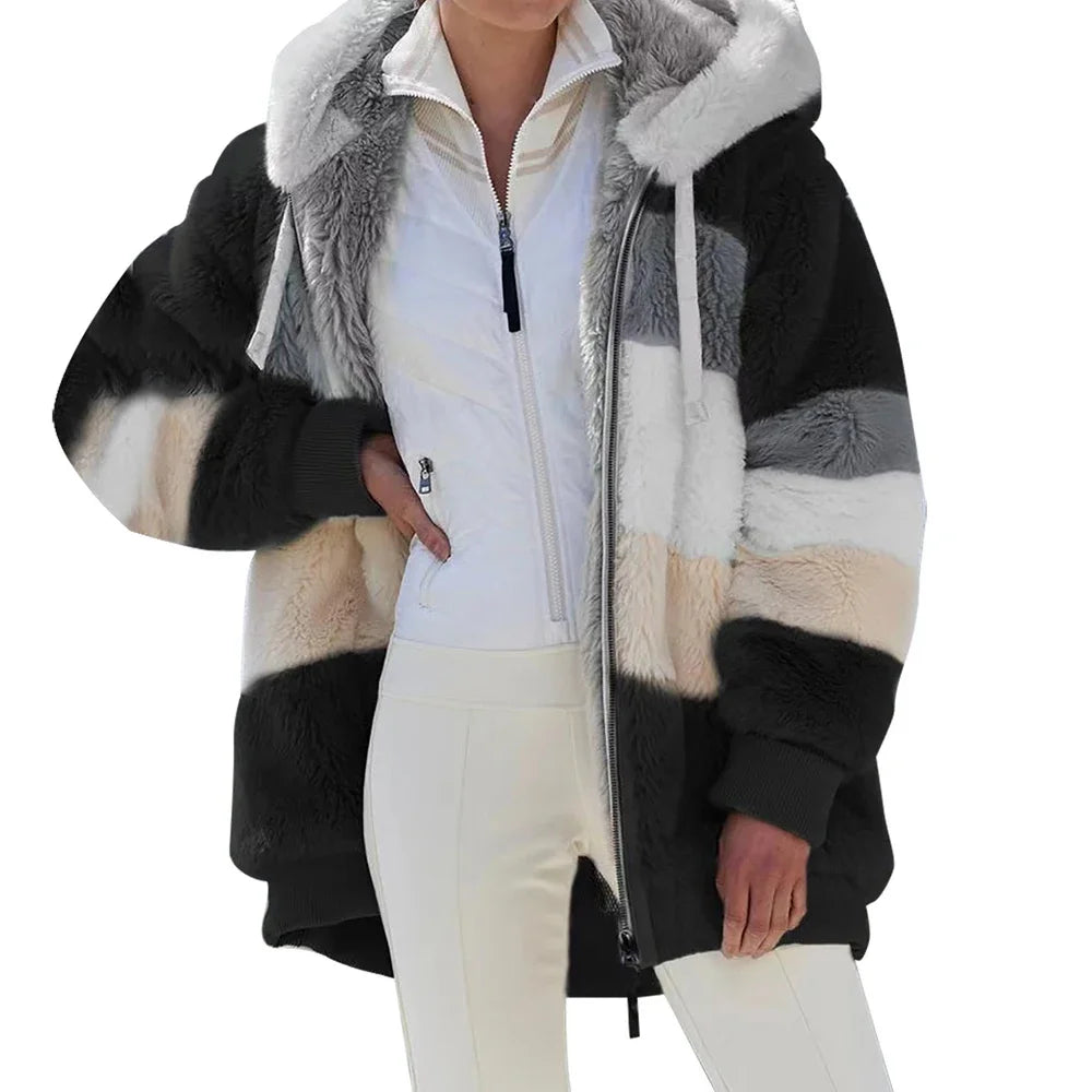 Casaco Oversized de Inverno para Mulher com Capuz | Casaco Peluche Quente e Confortável