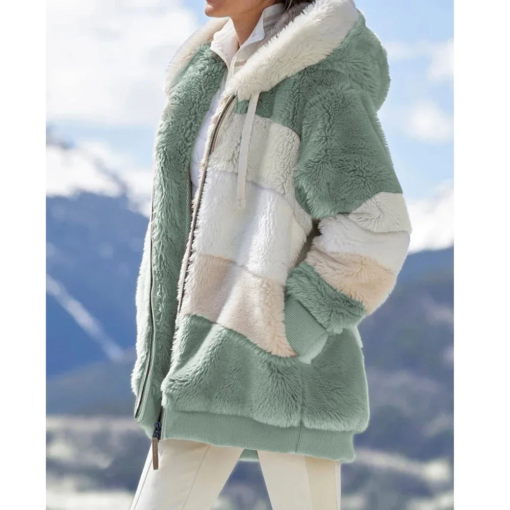 Casaco Oversized de Inverno para Mulher com Capuz | Casaco Peluche Quente e Confortável