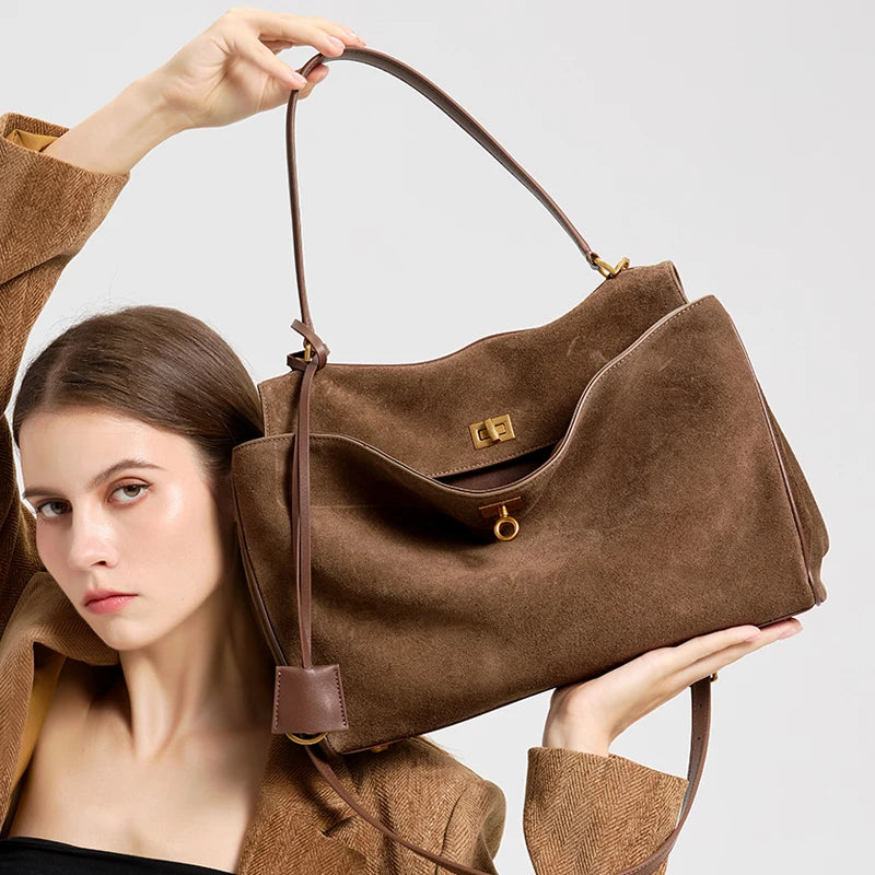 Mala Feminina em Camurça e Couro Genuíno – Tote de Luxo Outono/Inverno