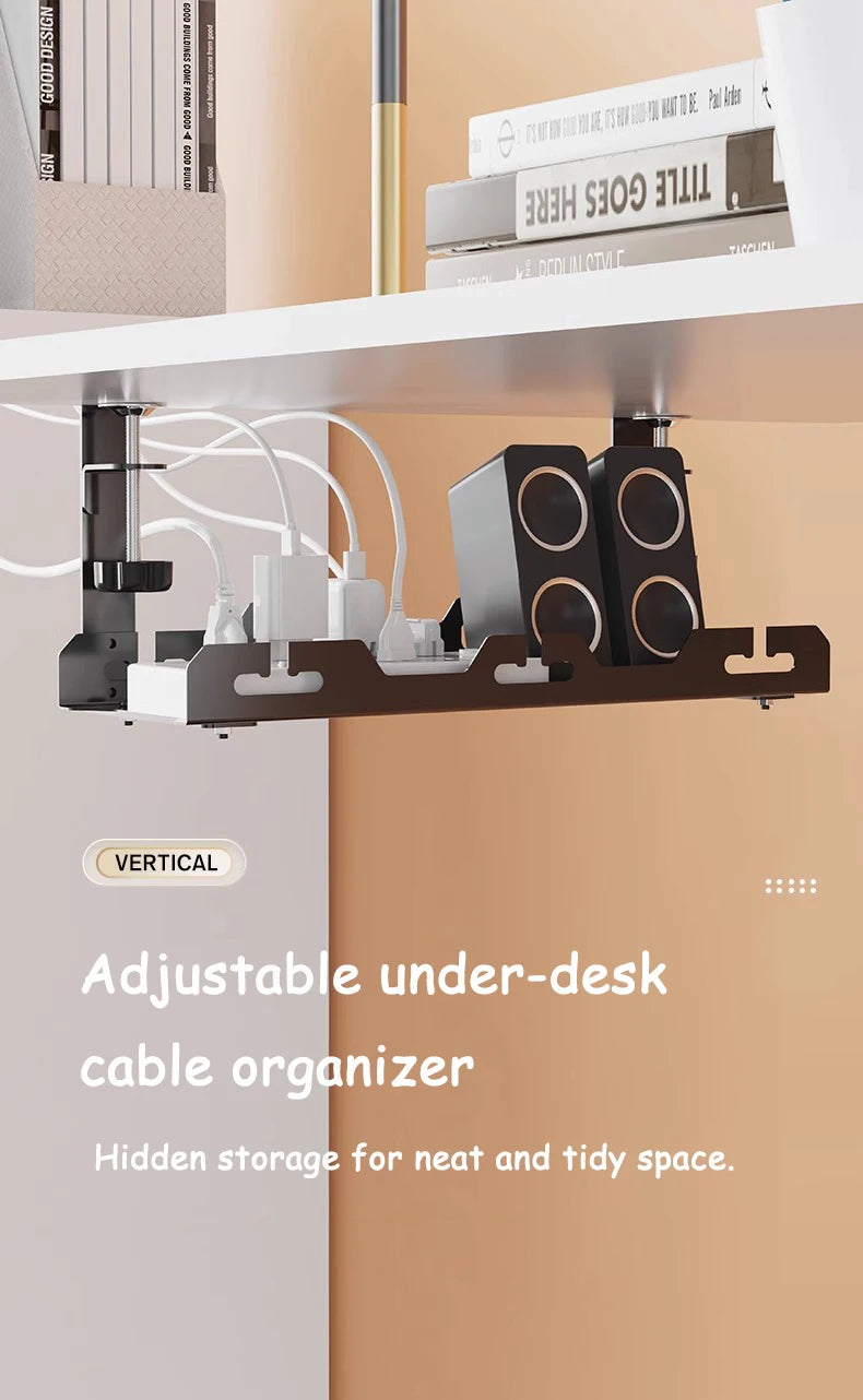 Organizador Telescópico de Cabos para Debaixo da Secretária – Rack Metálico Ajustável sem Perfuração para Escritório e Home Office
