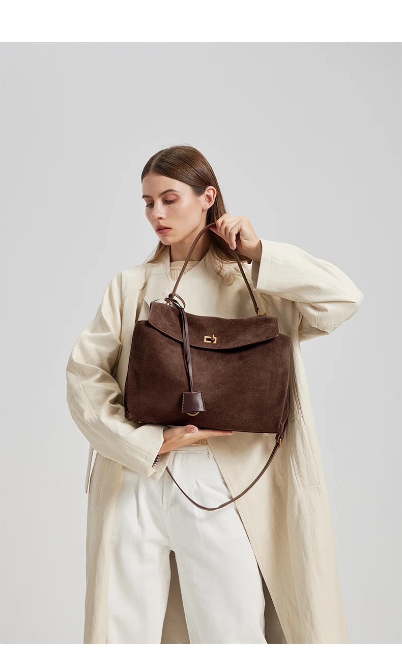 Mala Feminina em Camurça e Couro Genuíno – Tote de Luxo Outono/Inverno