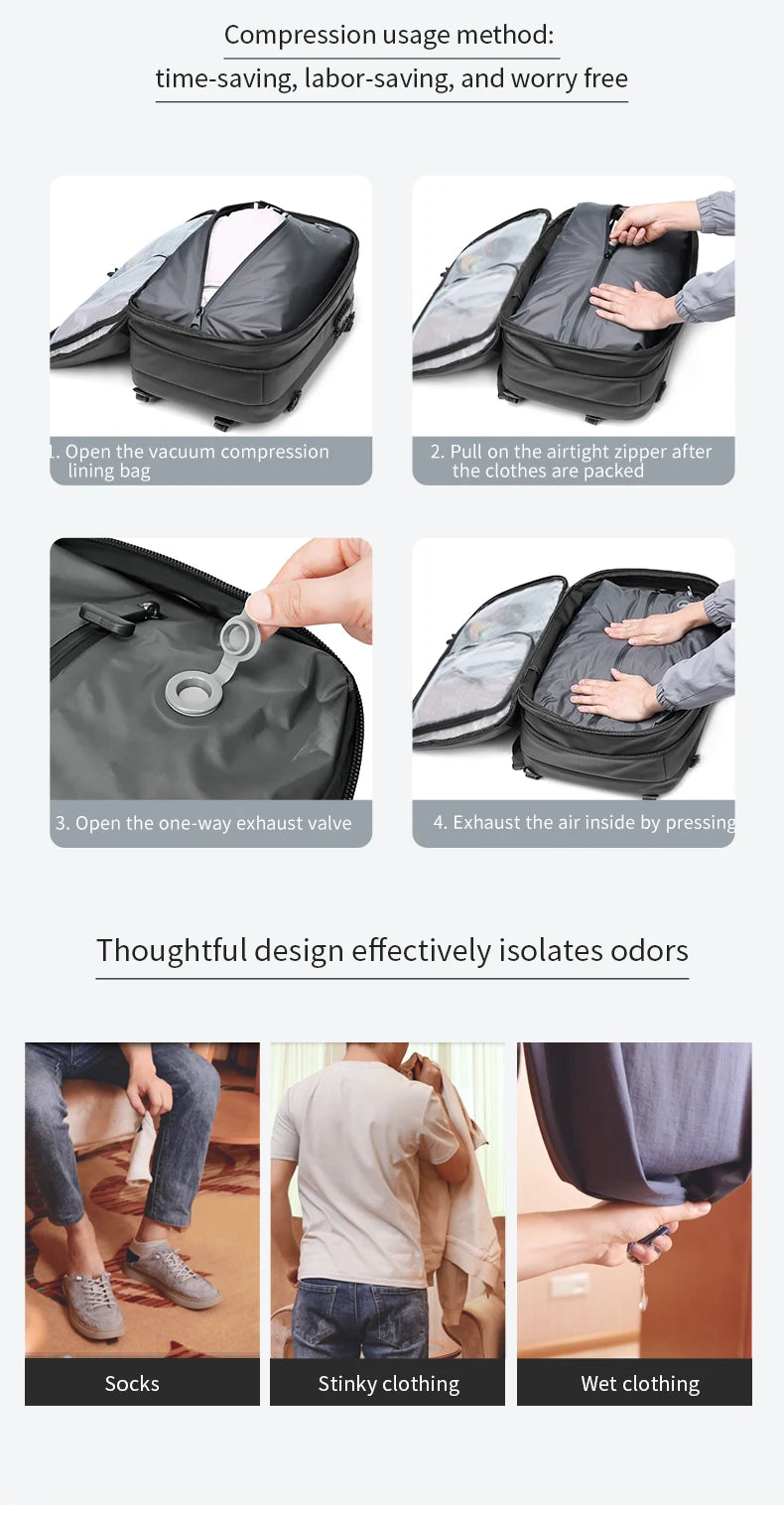Mochila Masculina de Viagem com Compressão a Vácuo – Portátil 17’’ e Grande Capacidade