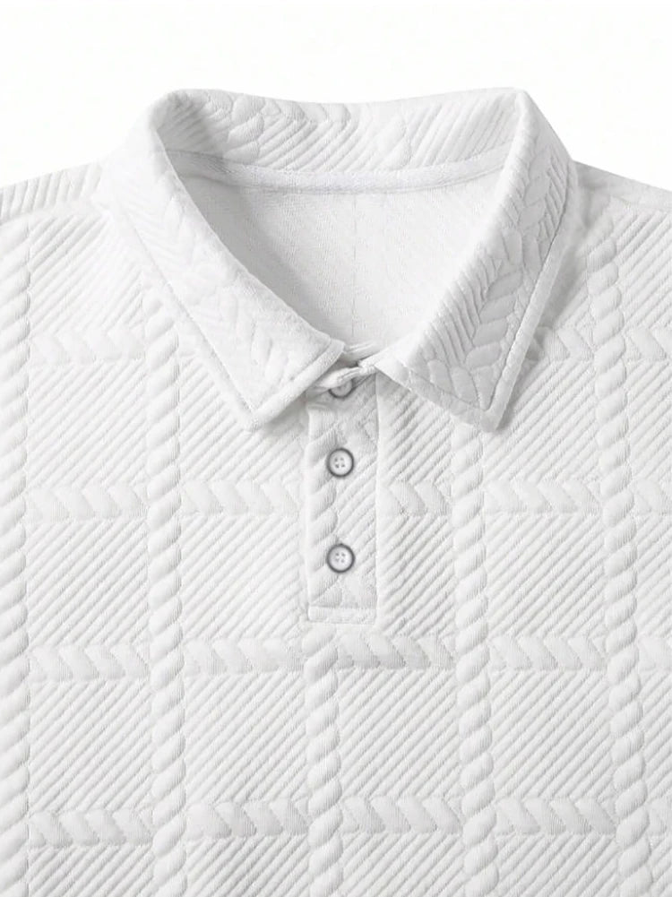 Polo Masculino de Verão em Jacquard com Padrão Xadrez Texturizado – Estilo Casual Elegante
