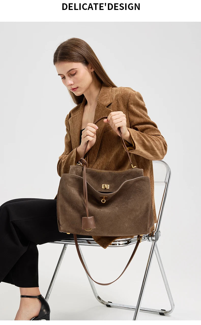 Mala Feminina em Camurça e Couro Genuíno – Tote de Luxo Outono/Inverno