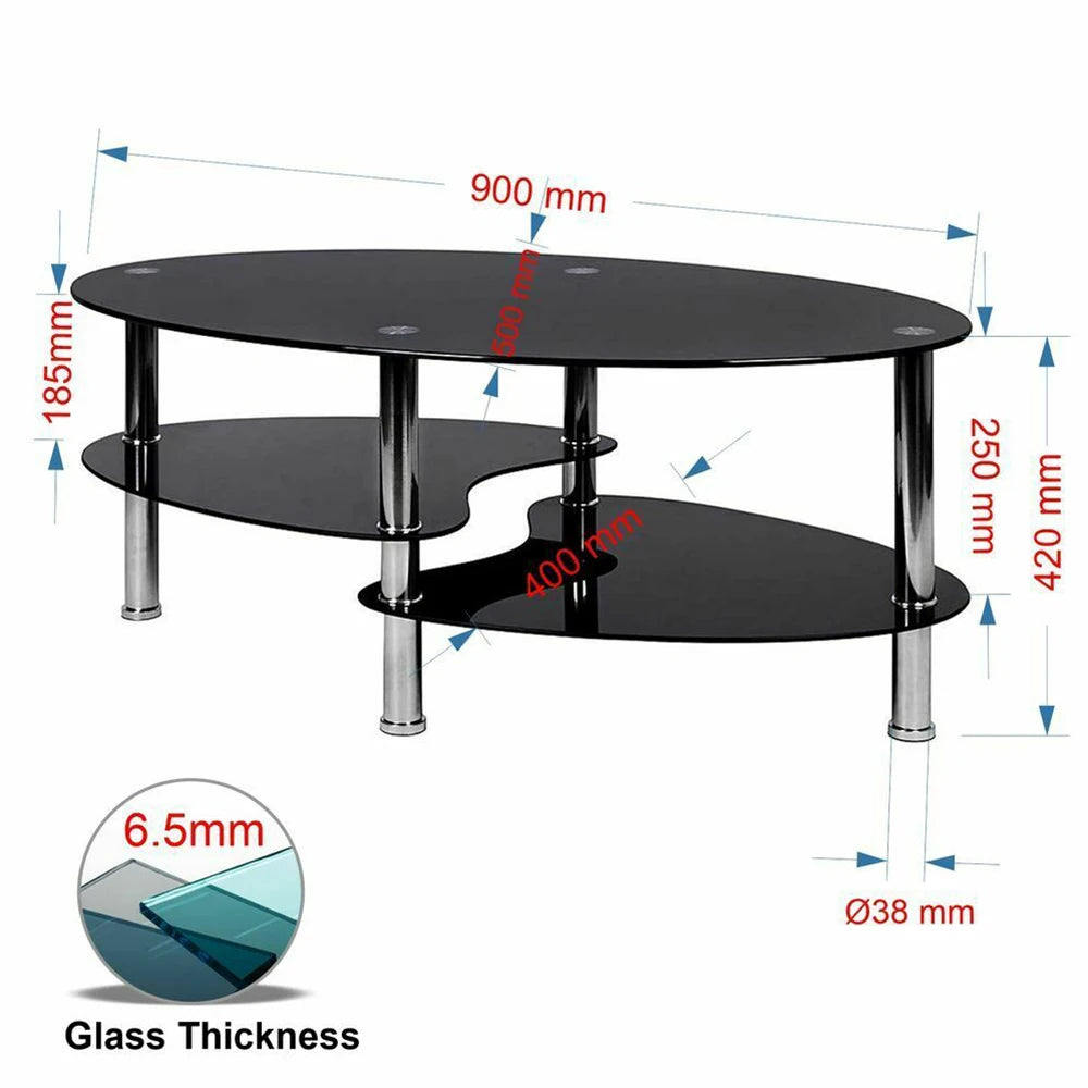 Glass coffee table, glass table 3 levels, oval living room table, coffee table sofa table for living room & office, 90x50x45cm