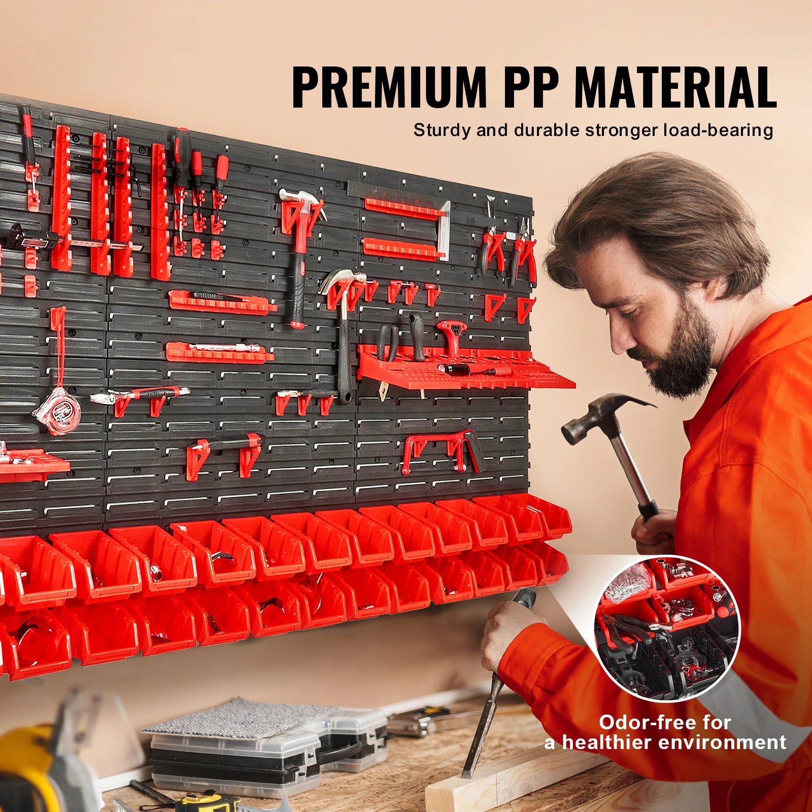 SucceBuy Wall Mounted Storage Bins 30/48Bin Parts Rack Organizer Garage with Wall Panels Hooks Plastic Shop Tool for Screw Nails