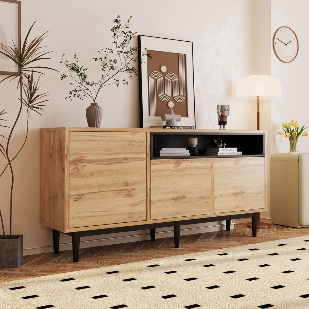 Aparador Moderno em Madeira com 3 Portas e Prateleiras – Robusto, Compacto e Fácil de Montar (160×35×76 cm)
