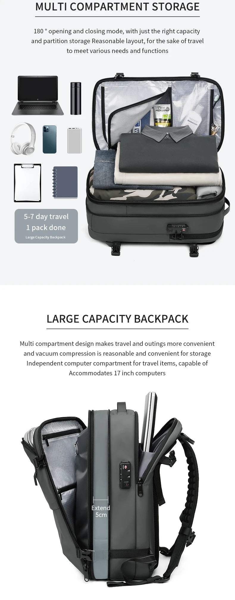 Mochila Masculina de Viagem com Compressão a Vácuo – Portátil 17’’ e Grande Capacidade