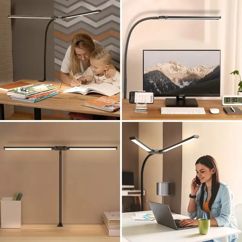 Candeeiro de Secretária LED com Dupla Cabeça e Pinça – Dimerizável, Ideal para Monitor, Escritório e Leitura