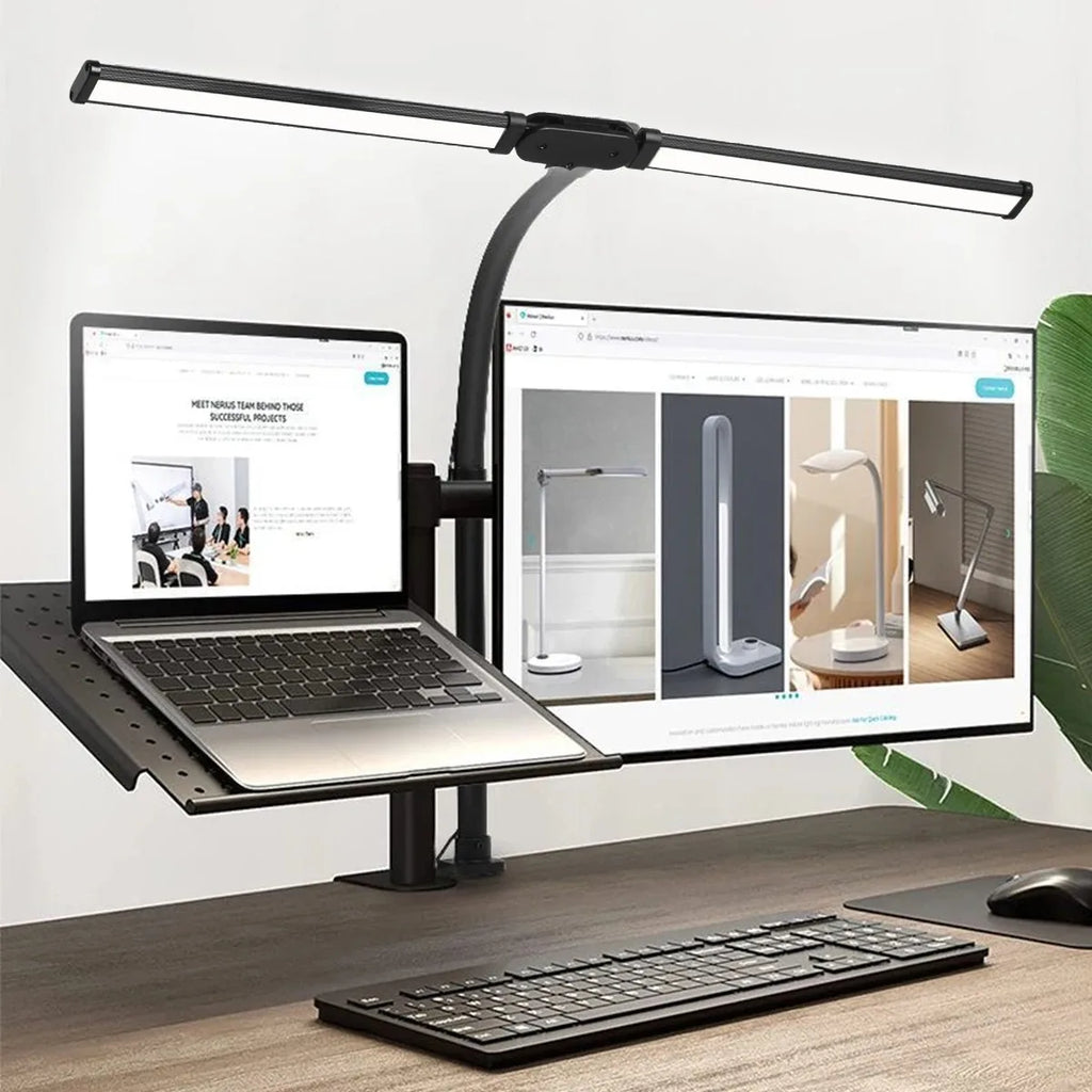 Candeeiro de Secretária LED com Dupla Cabeça e Pinça – Dimerizável, Ideal para Monitor, Escritório e Leitura